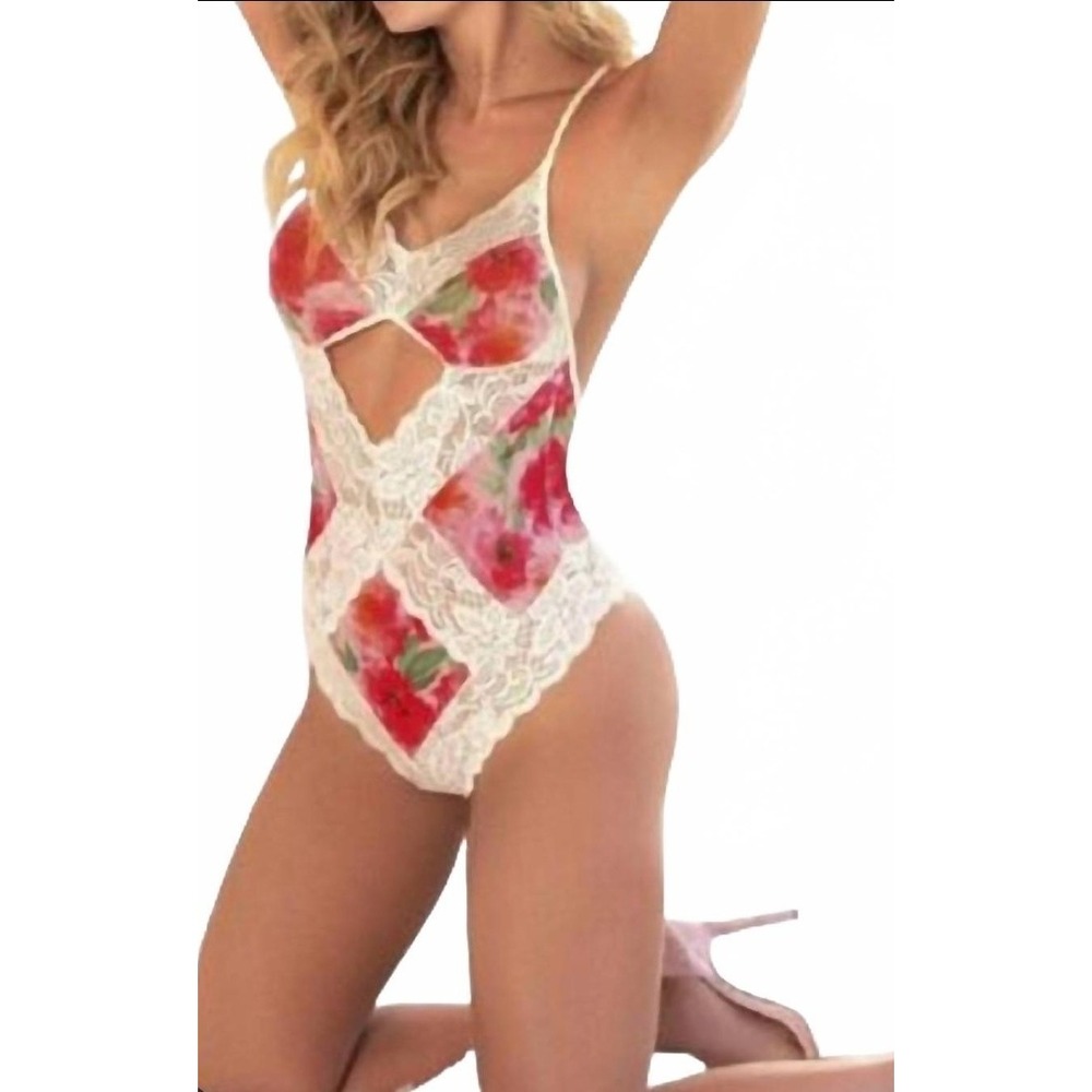 Mapale Flora Blanc Cutout Bodysuit Pink in Floral Print Lingerie Size M/L